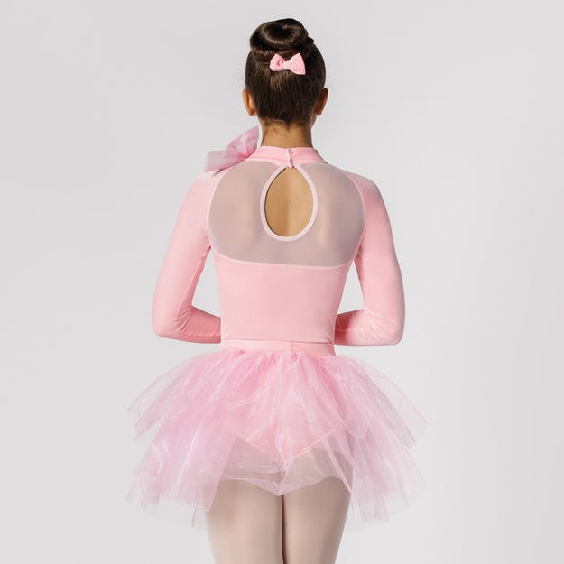 Velvet Leotard With Bow and Net Skirt - X Small Pink