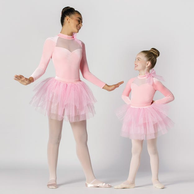 Velvet Leotard With Bow and Net Skirt - X Small Pink