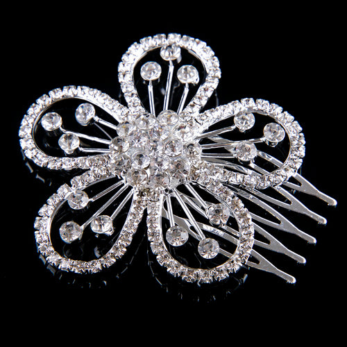 Rhinestone Flower Comb Silver